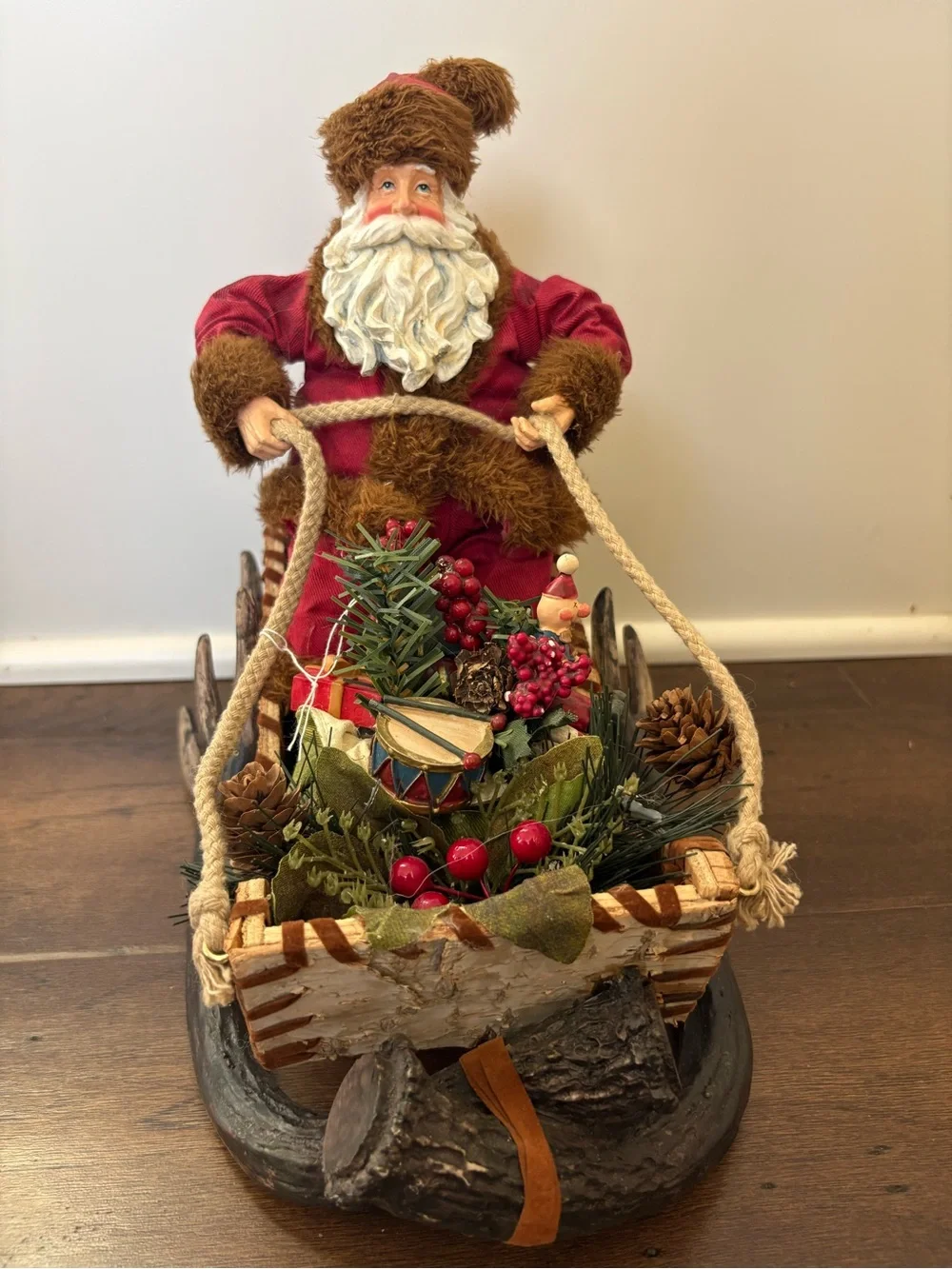 Santa Claus Figure In Bark Wood Sleigh Antlers Sled Christmas Holiday Decor 11”